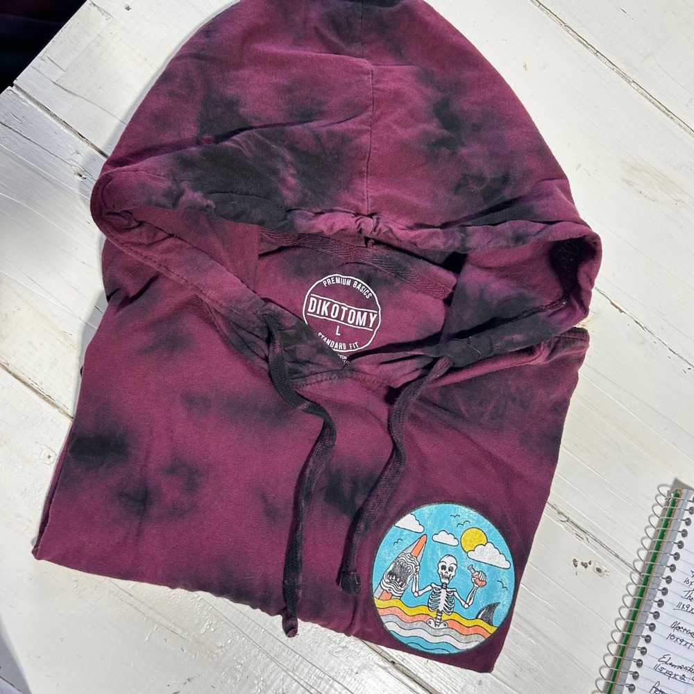 Dikotomy Mens Short Sleeve Tie Dye Hoodie Burgundy Black Skeleton Surf Graphic L